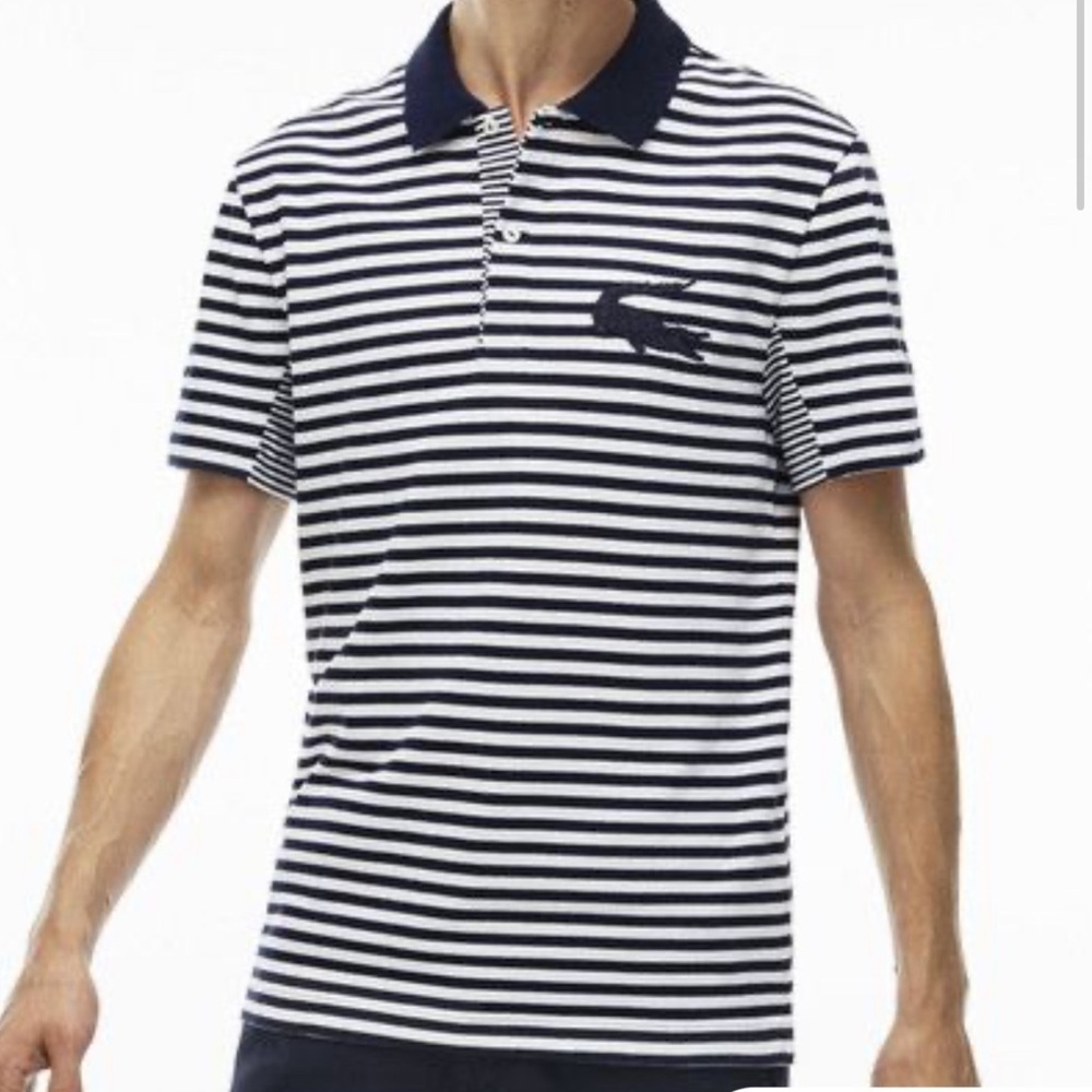 Lacoste Men's Polo Shirt Size L Slim Fit Black White Striped Big Logo